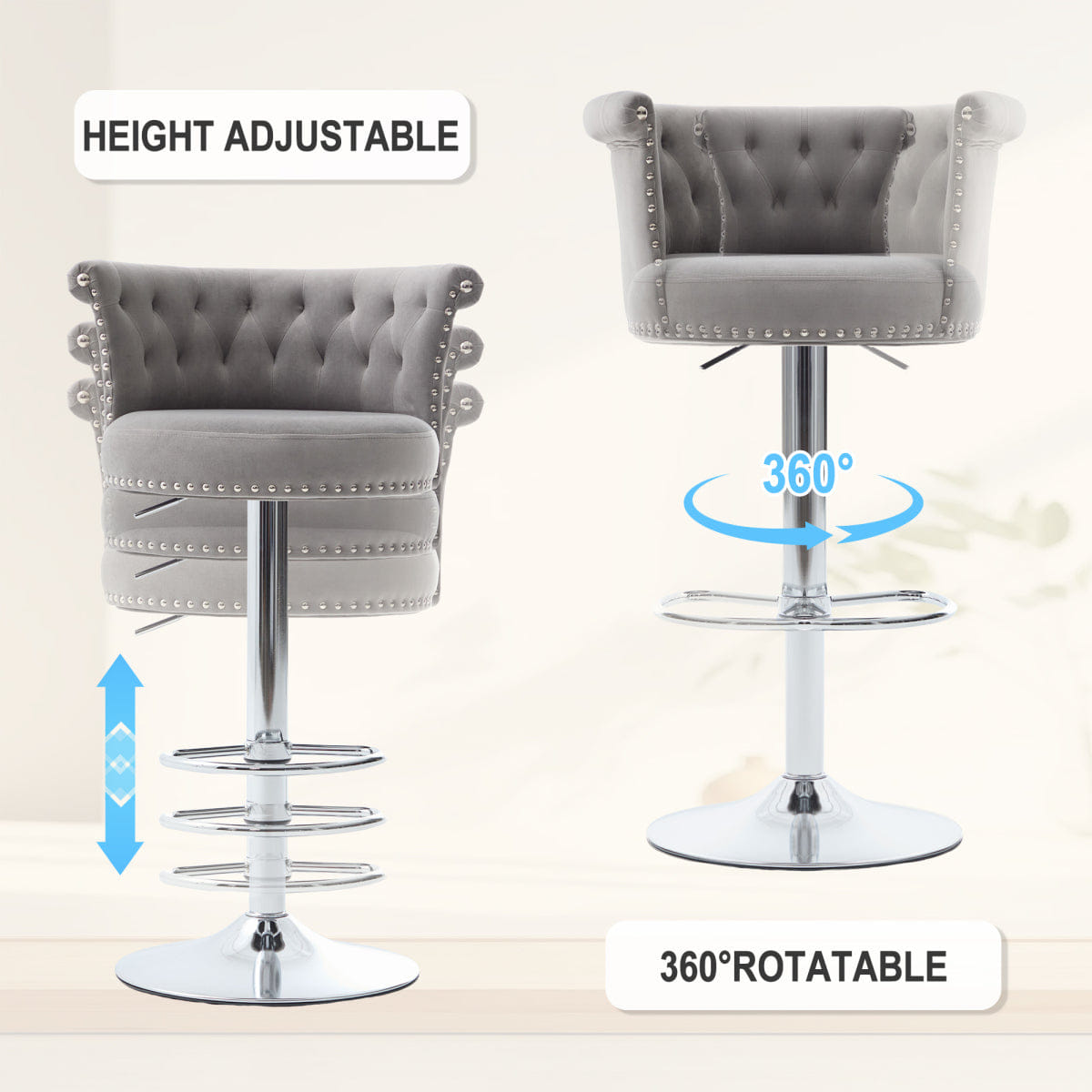 Velvet Streamdale Velvet Swivel Bar Stools Set of 2 with Chrome Nailheads