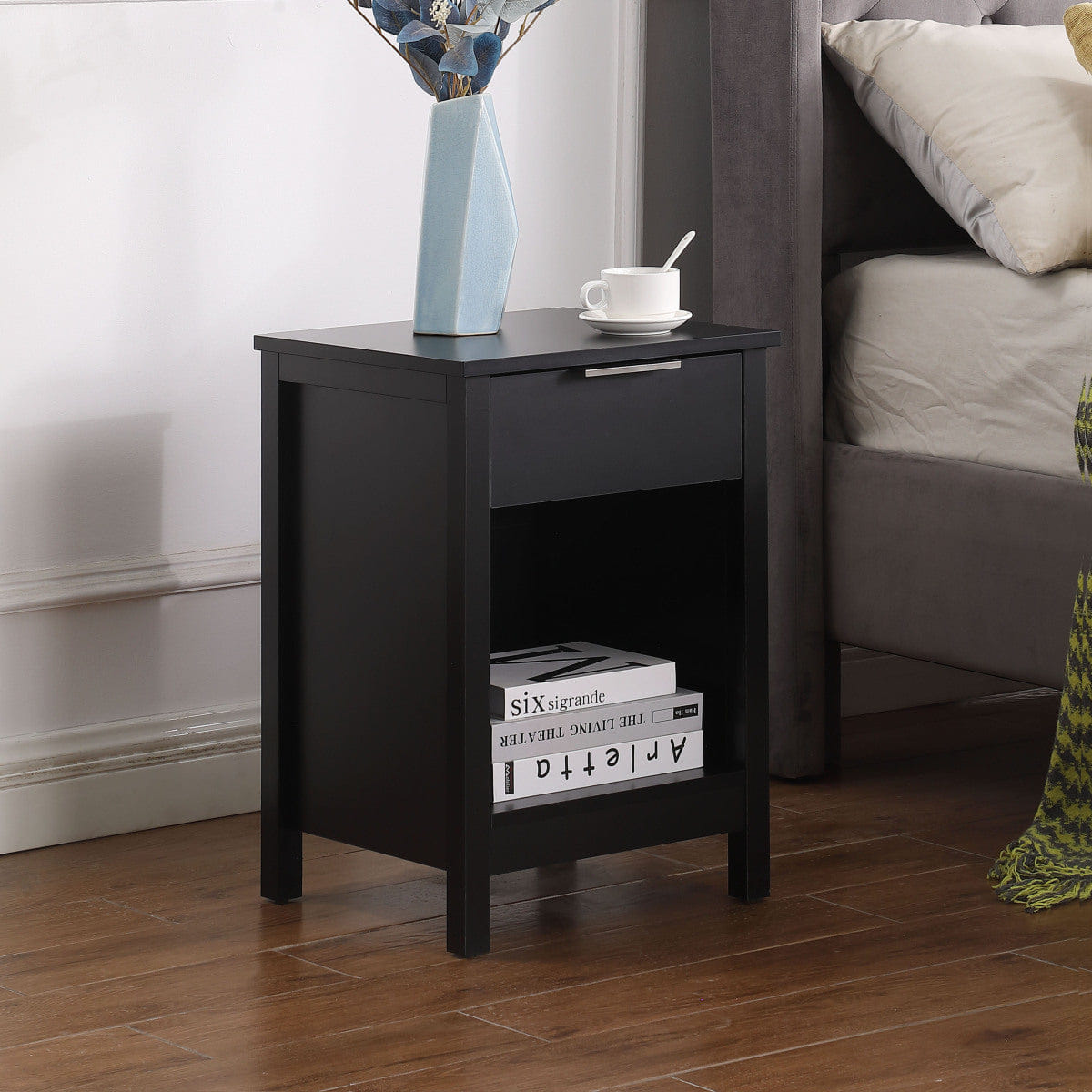 Drawer Streamdale Retro Black 3 - Tier Nightstand with Drawer and Shelf