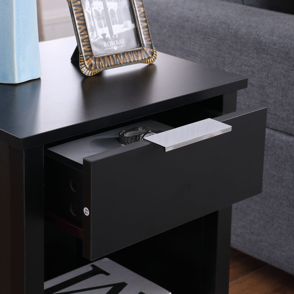 Drawer Streamdale Retro Black 3 - Tier Nightstand with Drawer and Shelf