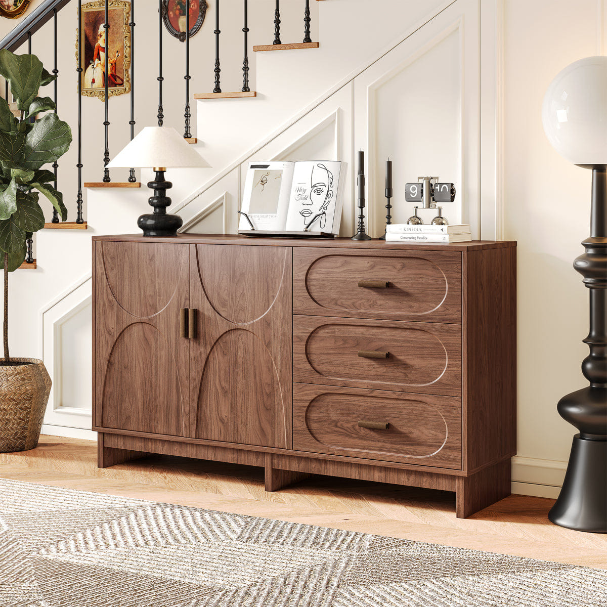 DOORS Streamdale 47.2" Walnut Farmhouse Buffet Sideboard with 2 Doors & 3 Drawers
