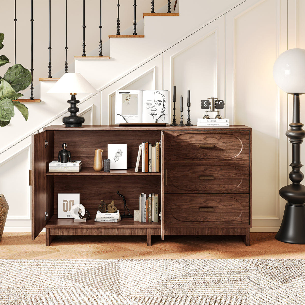 DOORS Streamdale 47.2" Walnut Farmhouse Buffet Sideboard with 2 Doors & 3 Drawers