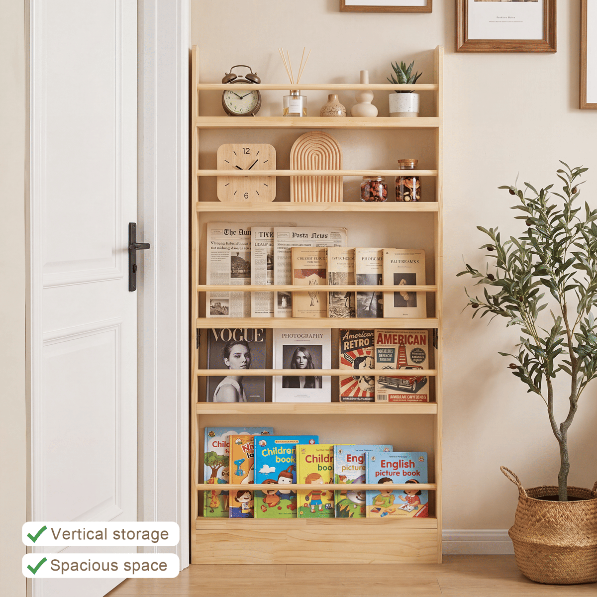 WOOD Streamdale 5 - Tier Wooden Behind - the - Door Bookshelf (Natural Wood)