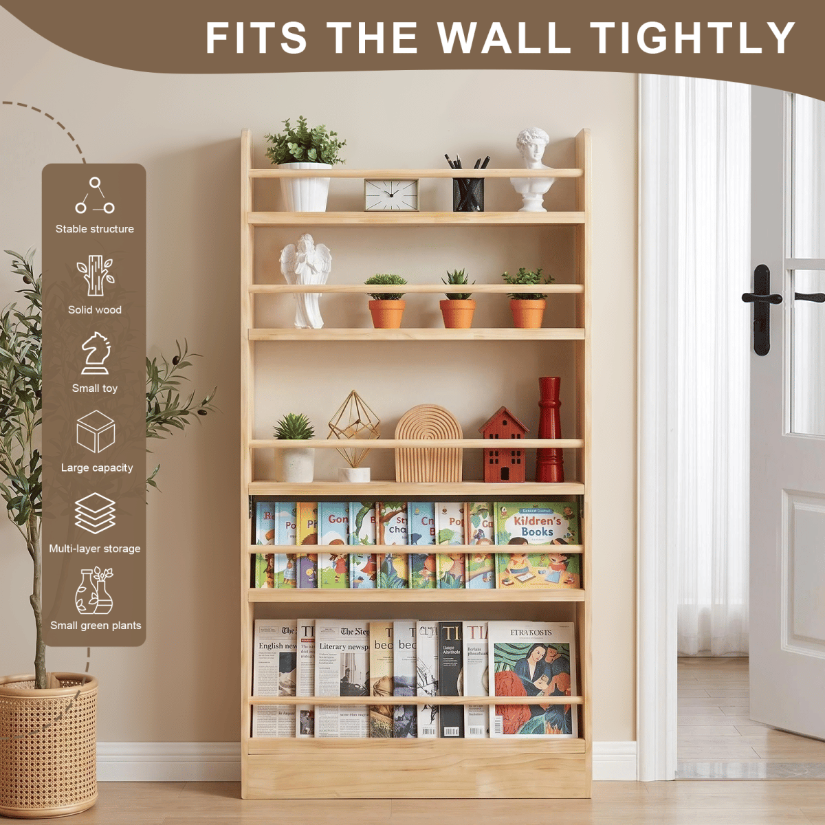 WOOD Streamdale 5 - Tier Wooden Behind - the - Door Bookshelf (Natural Wood)