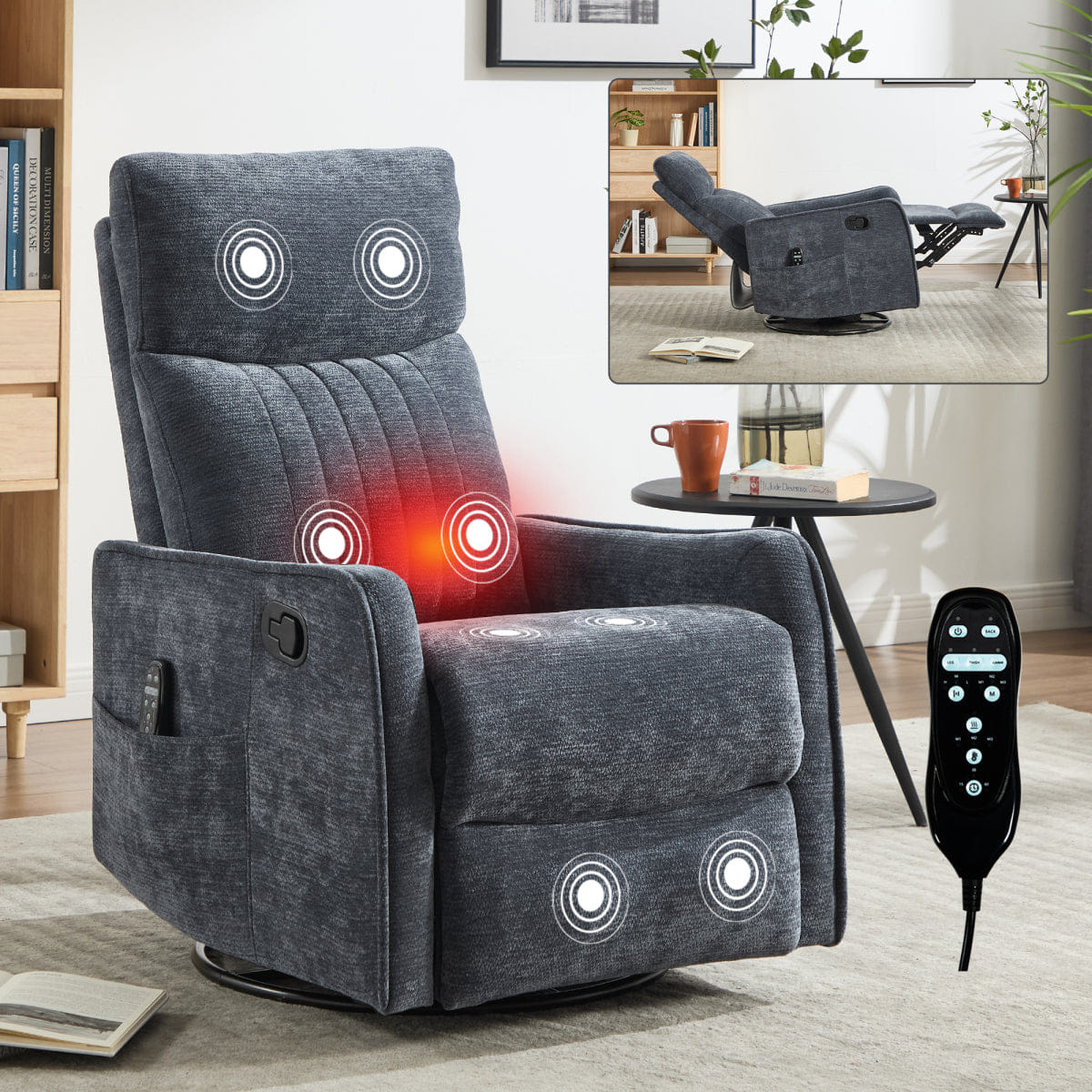 Blue Streamdale Blue Heat Massage Rocking Swivel Fabric Recliner Chair