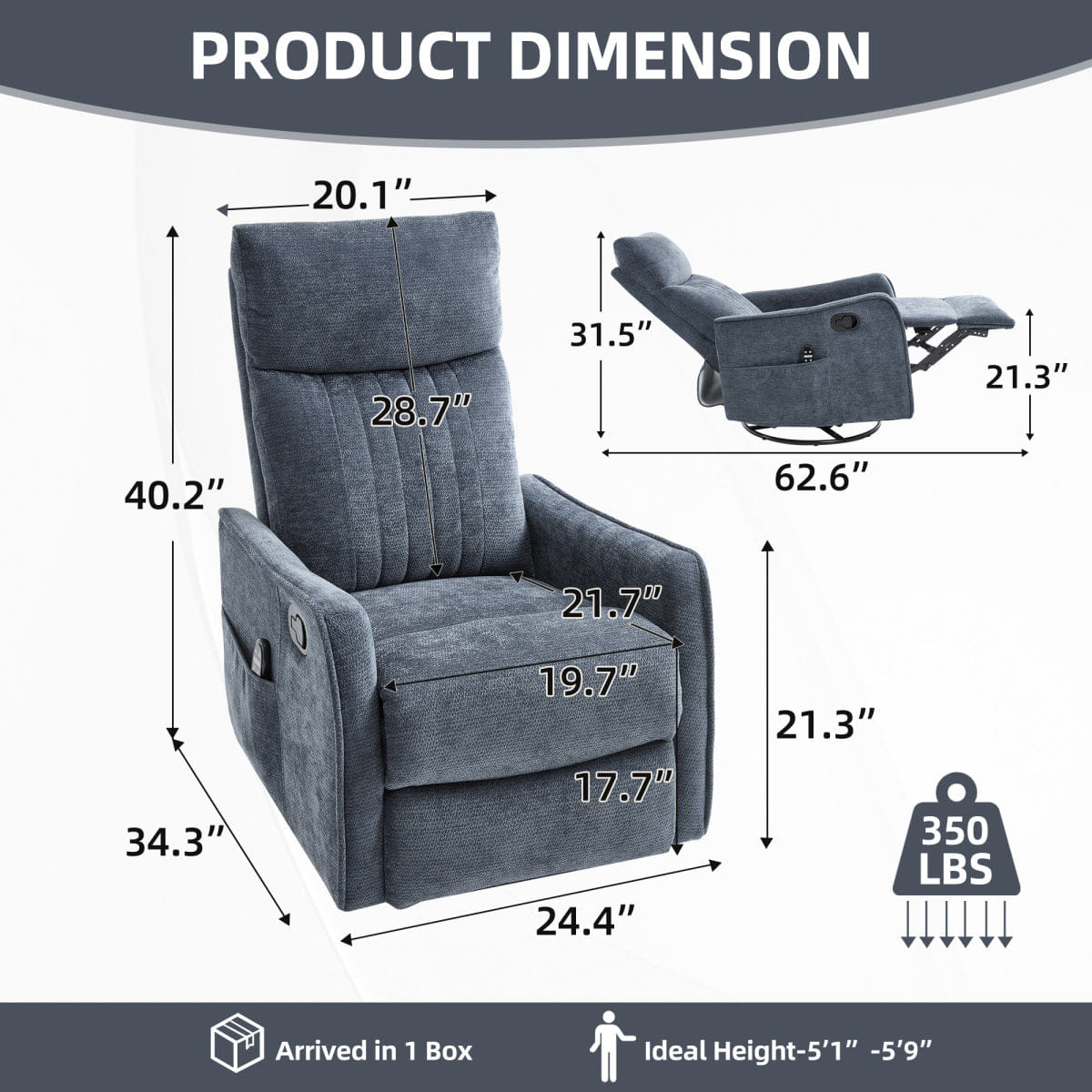 Blue Streamdale Blue Heat Massage Rocking Swivel Fabric Recliner Chair