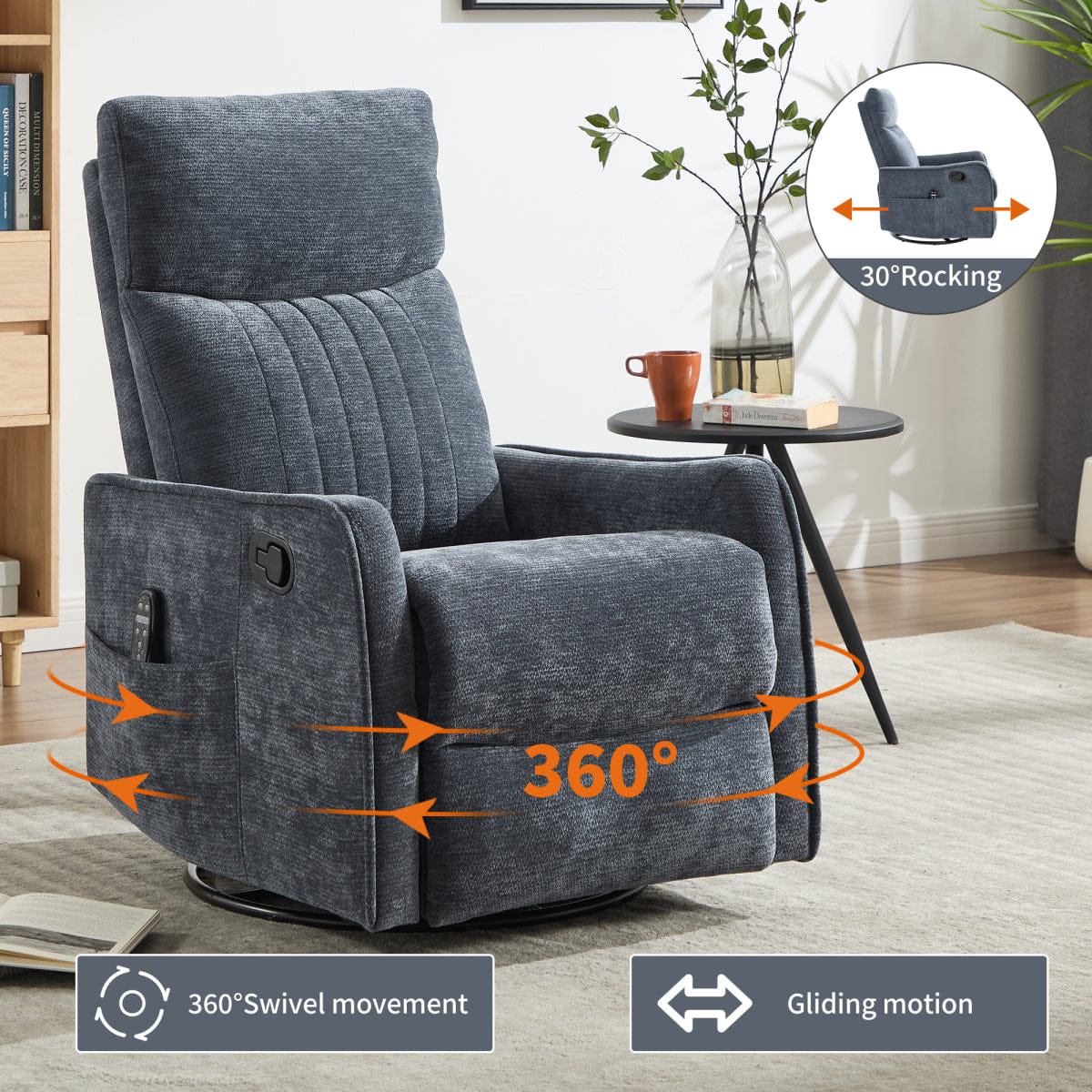 Blue Streamdale Blue Heat Massage Rocking Swivel Fabric Recliner Chair