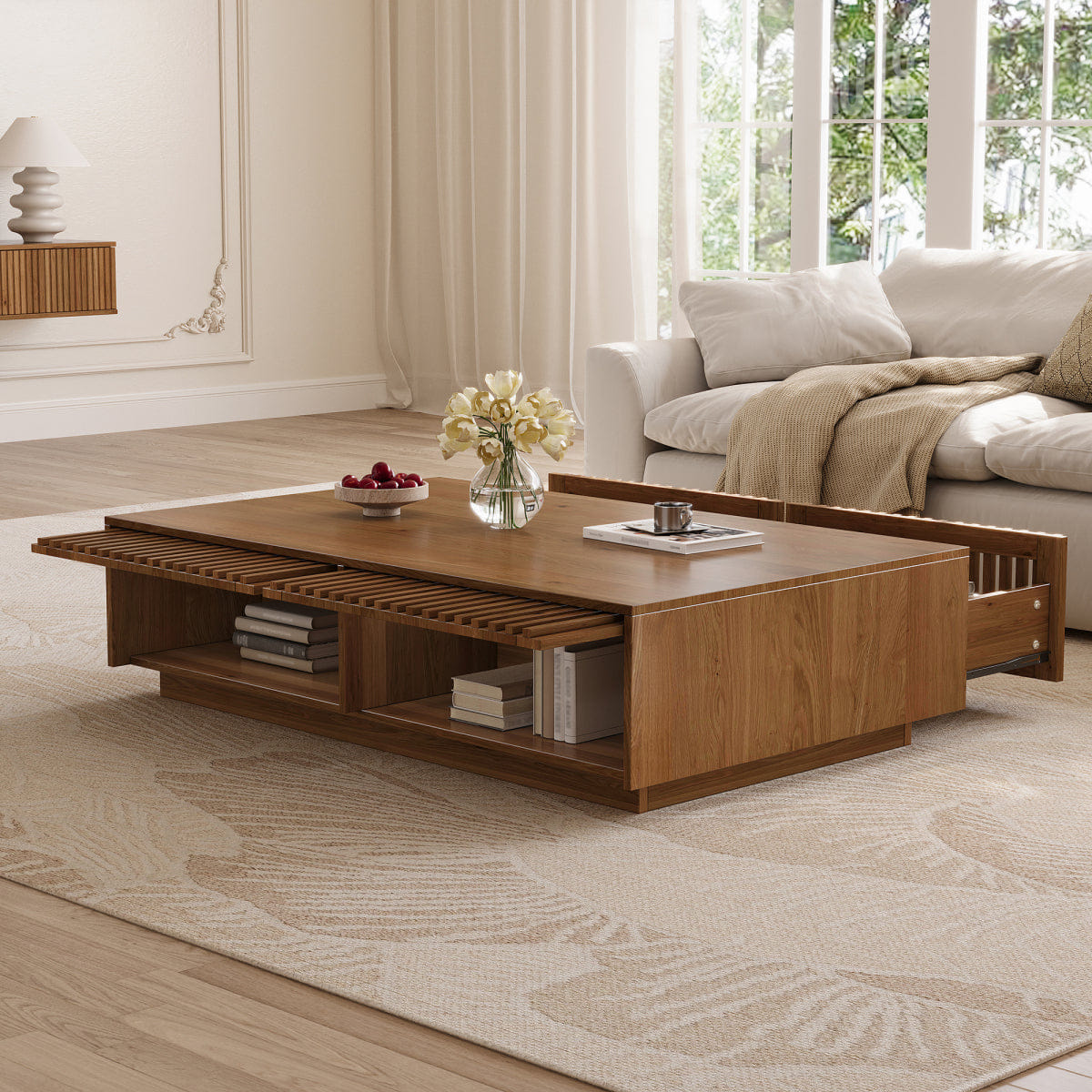 !SOLID Streamdale Mid Century Modern Solid Wood Coffee Table with Slatted Storage Drawers