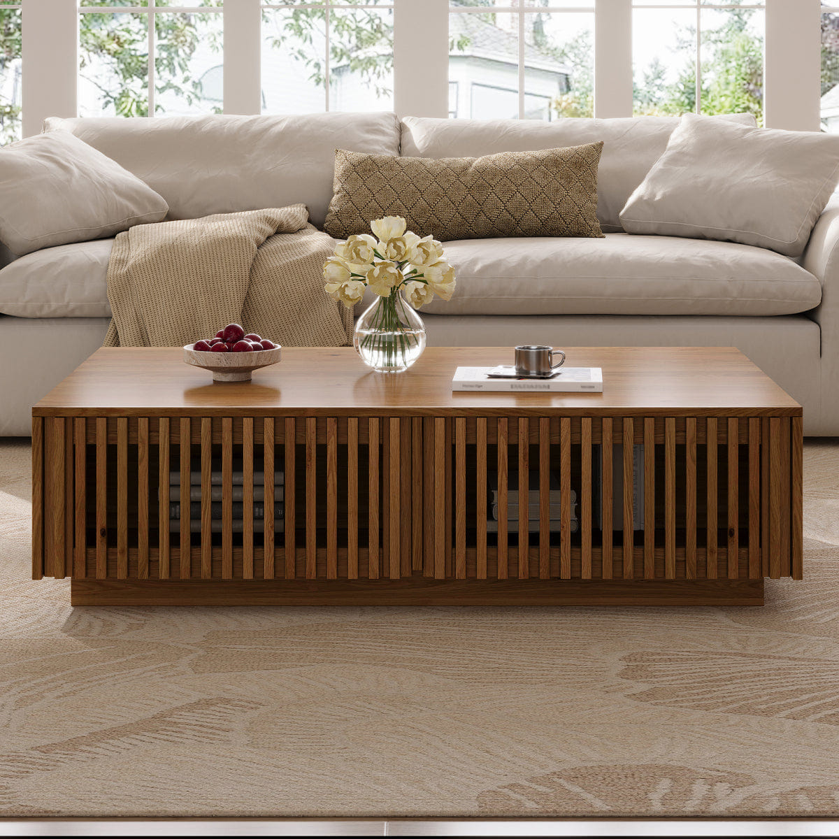 !SOLID Streamdale Mid Century Modern Solid Wood Coffee Table with Slatted Storage Drawers