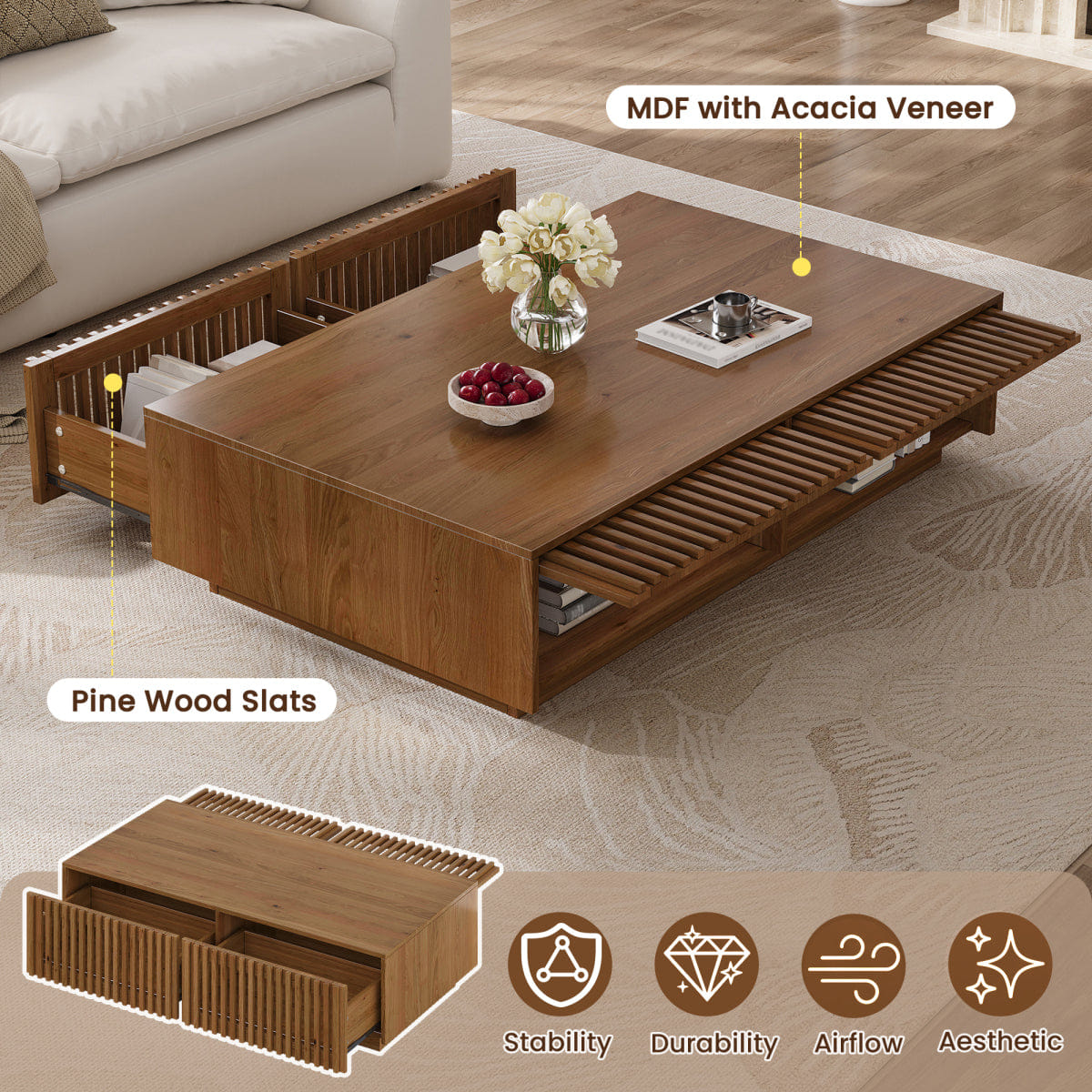 !SOLID Streamdale Mid Century Modern Solid Wood Coffee Table with Slatted Storage Drawers