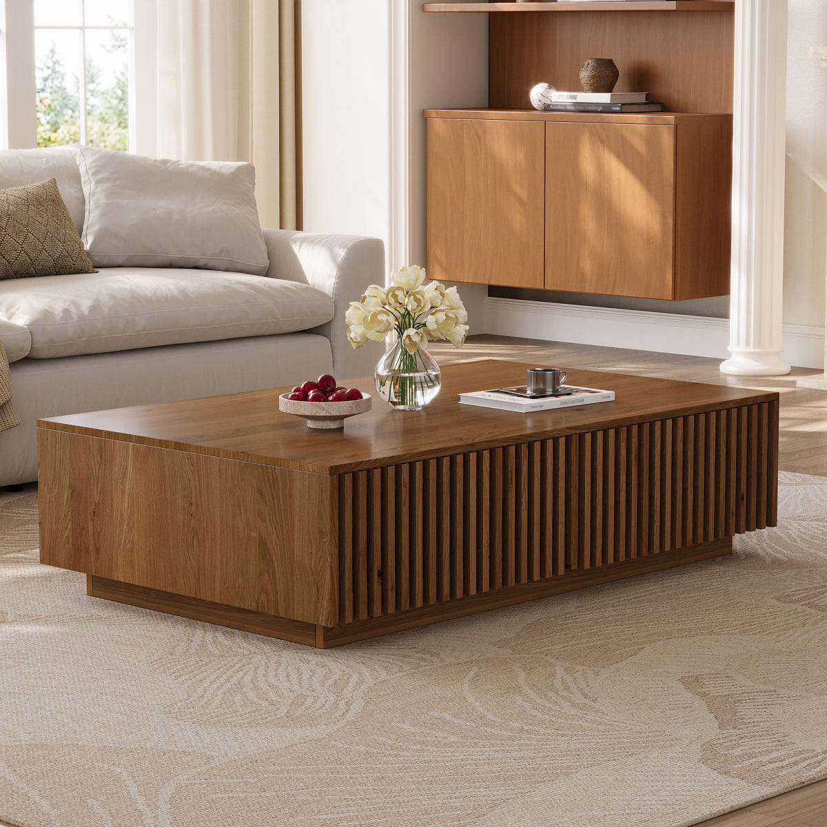 !SOLID Streamdale Mid Century Modern Solid Wood Coffee Table with Slatted Storage Drawers