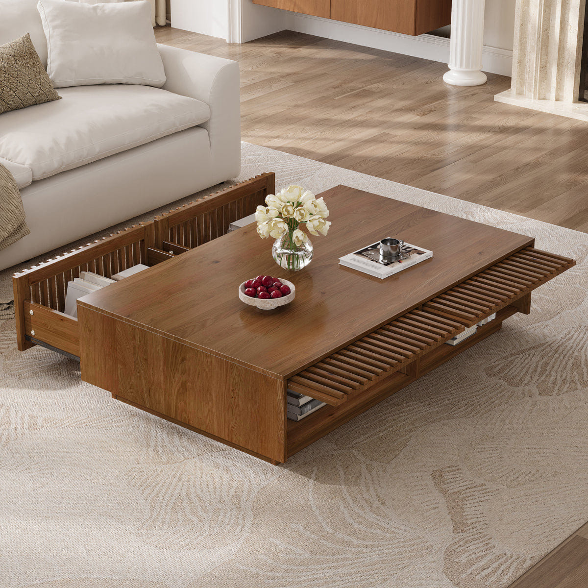 !SOLID Streamdale Mid Century Modern Solid Wood Coffee Table with Slatted Storage Drawers