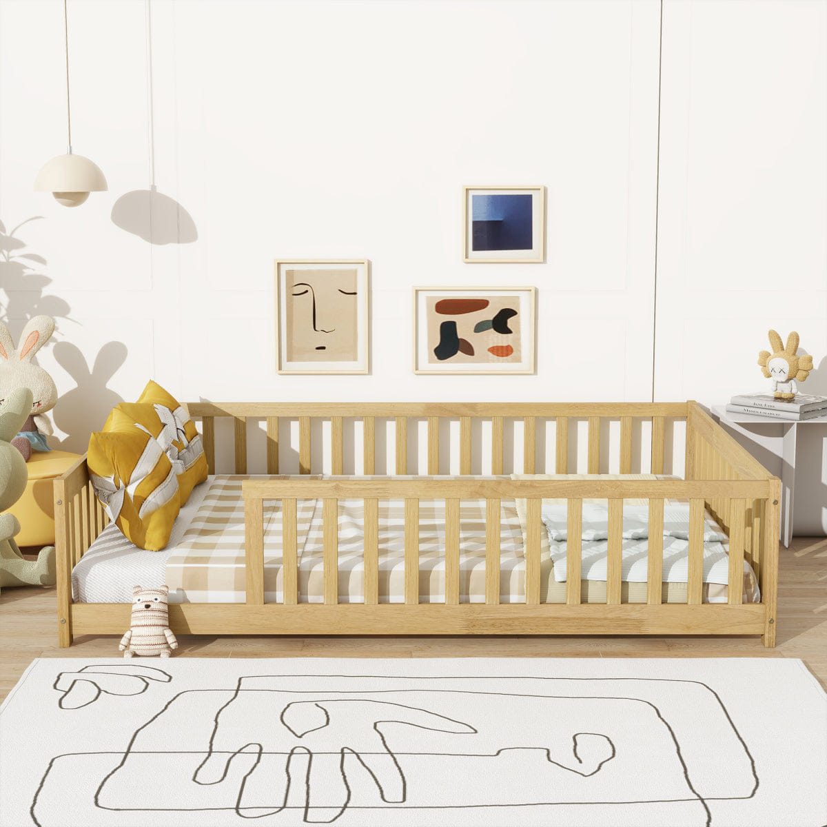 FLOOR Streamdale Full Size Wood Floor Bed with Fence and Guardrails, Natural