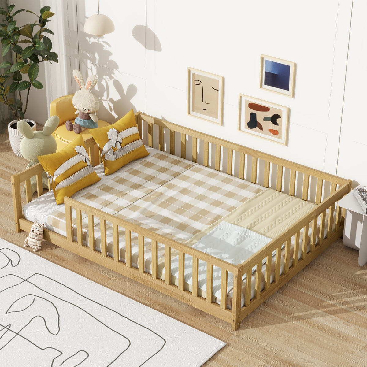 FLOOR Streamdale Full Size Wood Floor Bed with Fence and Guardrails, Natural