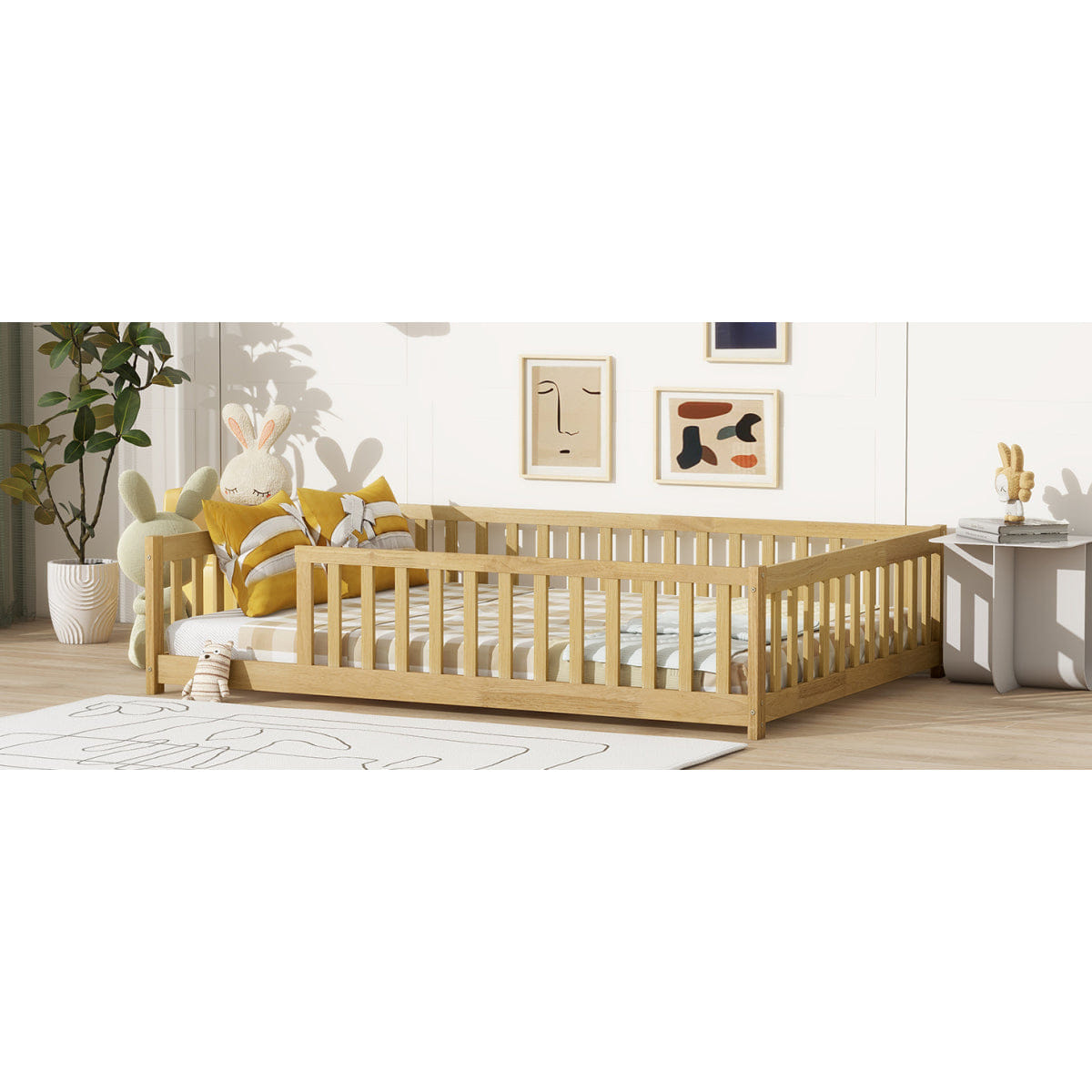 FLOOR Streamdale Full Size Wood Floor Bed with Fence and Guardrails, Natural