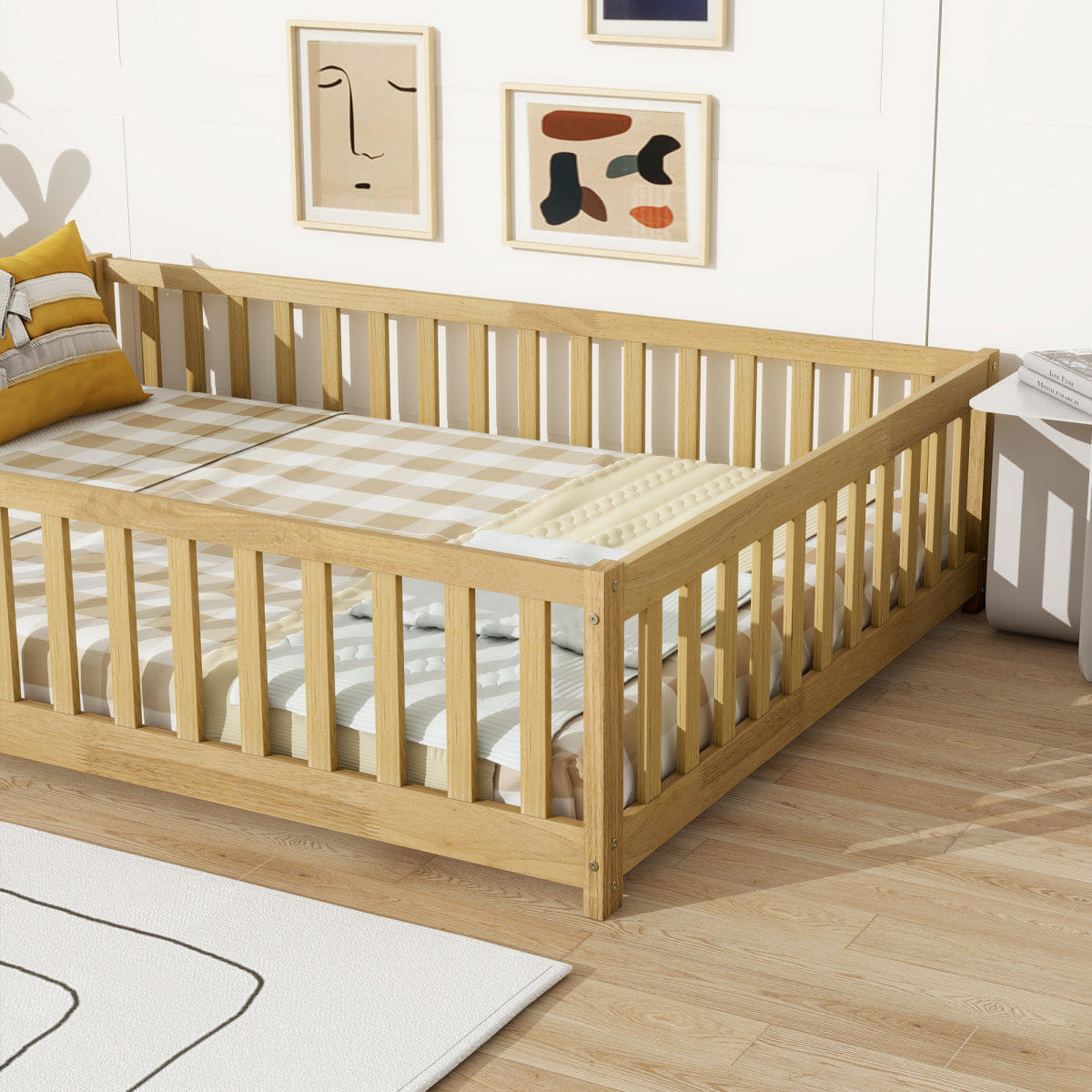 FLOOR Streamdale Full Size Wood Floor Bed with Fence and Guardrails, Natural