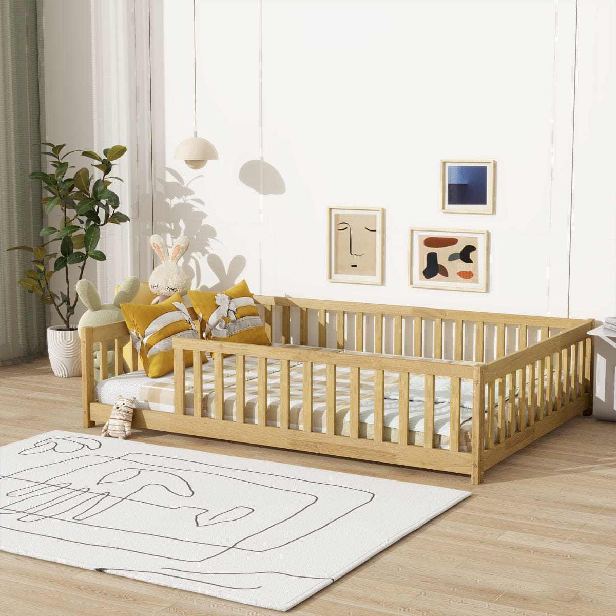 FLOOR Streamdale Full Size Wood Floor Bed with Fence and Guardrails, Natural
