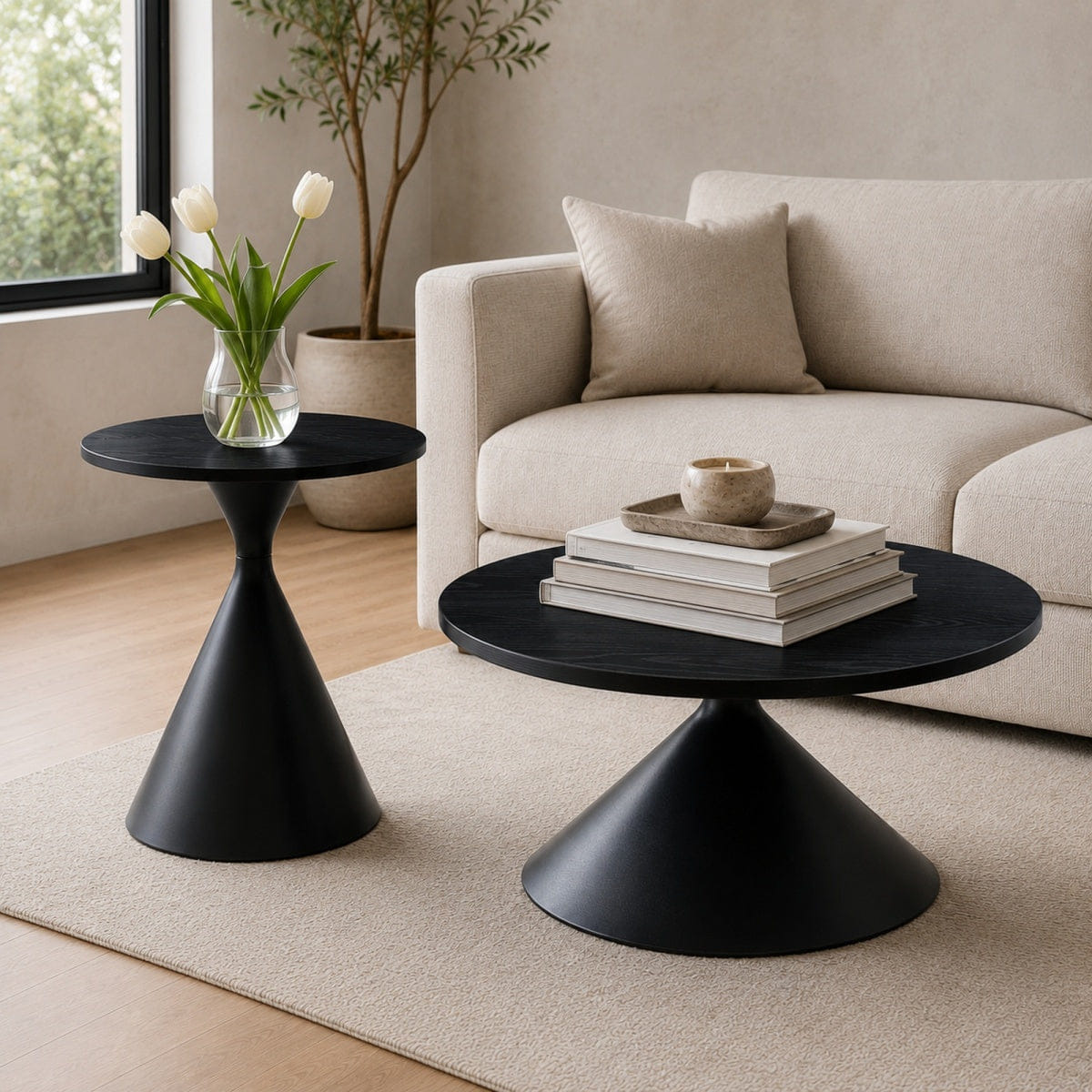 Base Streamdale 2 - Piece Round Coffee Table Set with Black Patterned Top & Steel Base
