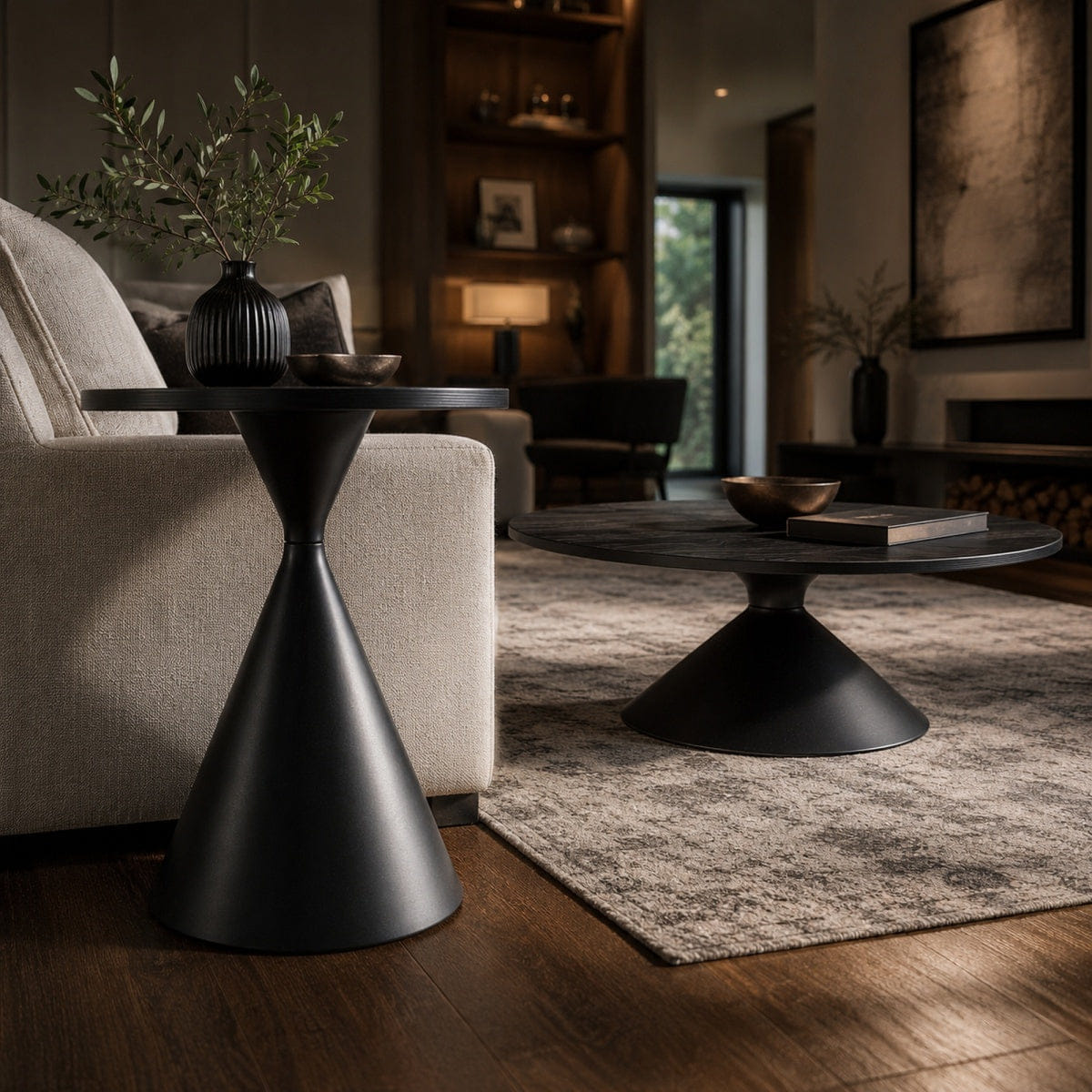 Base Streamdale 2 - Piece Round Coffee Table Set with Black Patterned Top & Steel Base