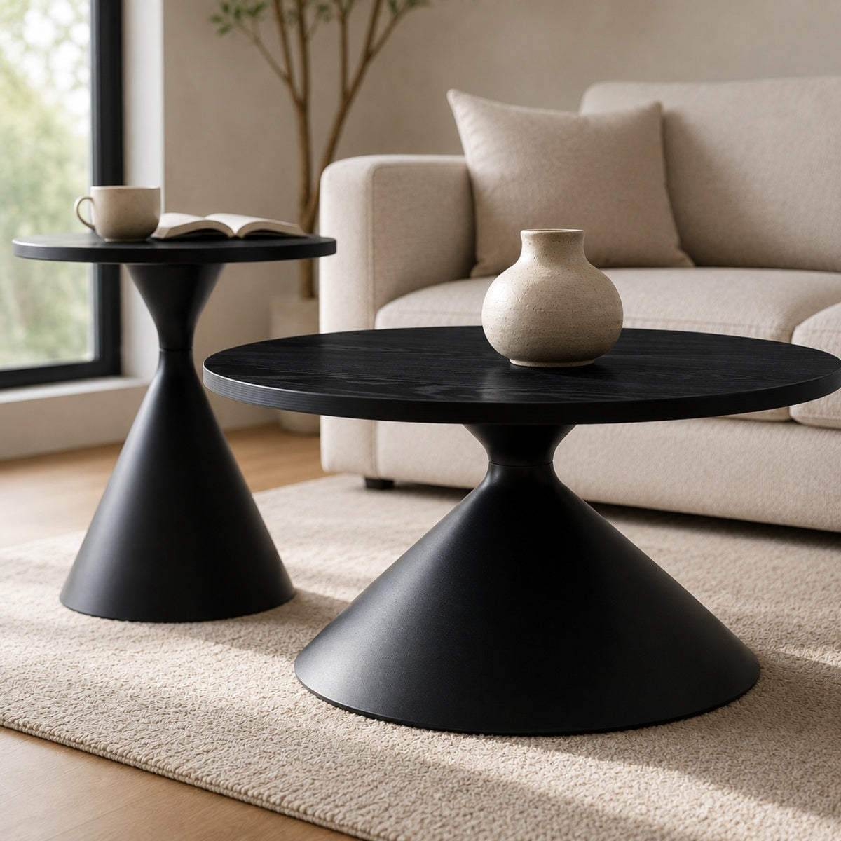 Base Streamdale 2 - Piece Round Coffee Table Set with Black Patterned Top & Steel Base