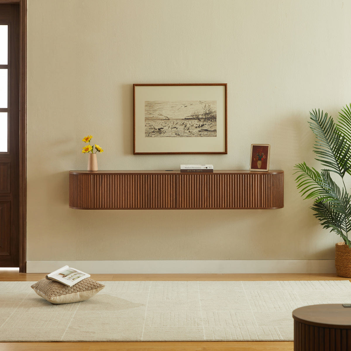 DOORS Streamdale 71" Wall - Mounted Floating TV Cabinet with Fluted Doors, Walnut