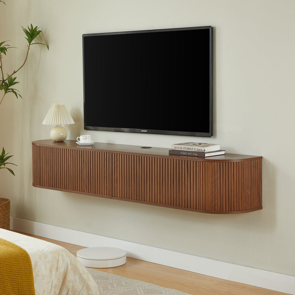 DOORS Streamdale 71" Wall - Mounted Floating TV Cabinet with Fluted Doors, Walnut