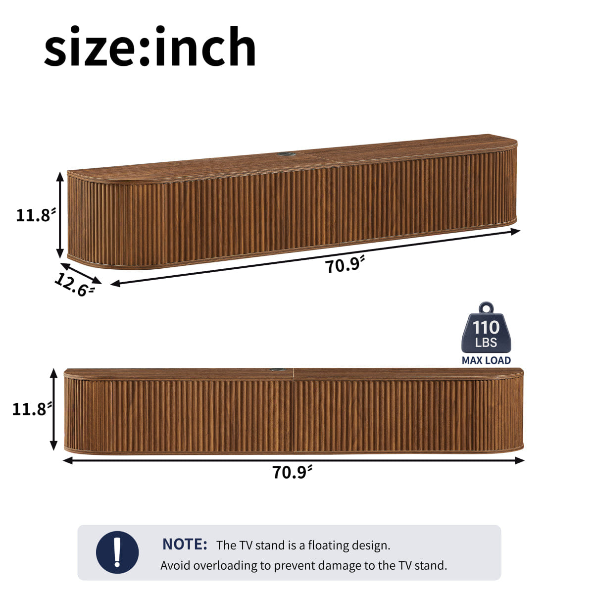 DOORS Streamdale 71" Wall - Mounted Floating TV Cabinet with Fluted Doors, Walnut