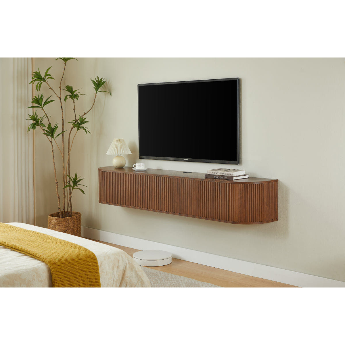 DOORS Streamdale 71" Wall - Mounted Floating TV Cabinet with Fluted Doors, Walnut