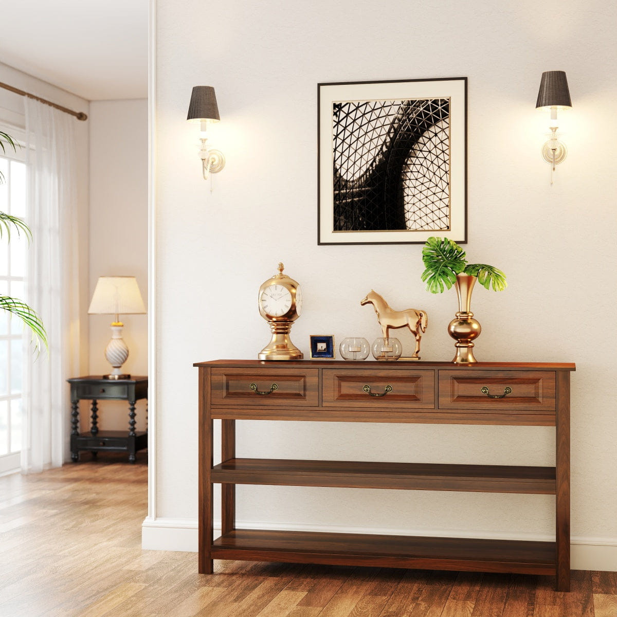 WOOD Streamdale 63" Rustic Wood Console Table with 3 Drawers and 2 Storage Shelves