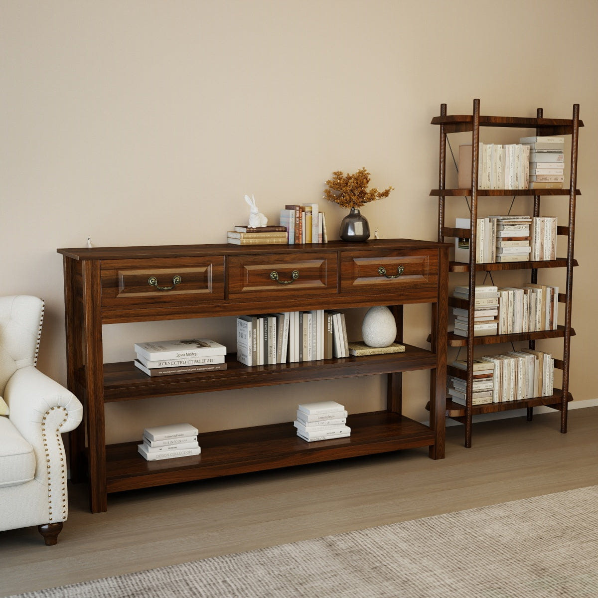 WOOD Streamdale 63" Rustic Wood Console Table with 3 Drawers and 2 Storage Shelves