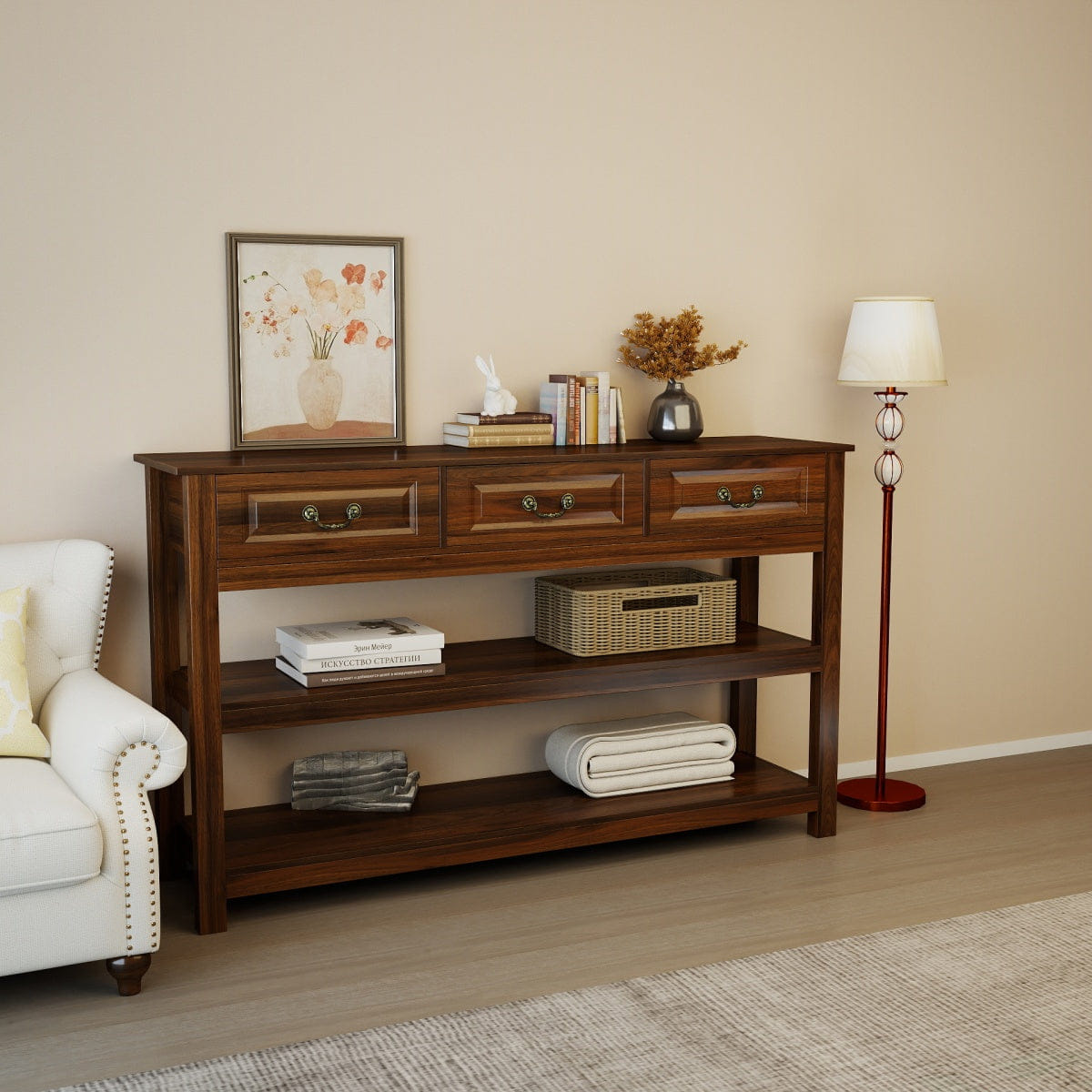 WOOD Streamdale 63" Rustic Wood Console Table with 3 Drawers and 2 Storage Shelves