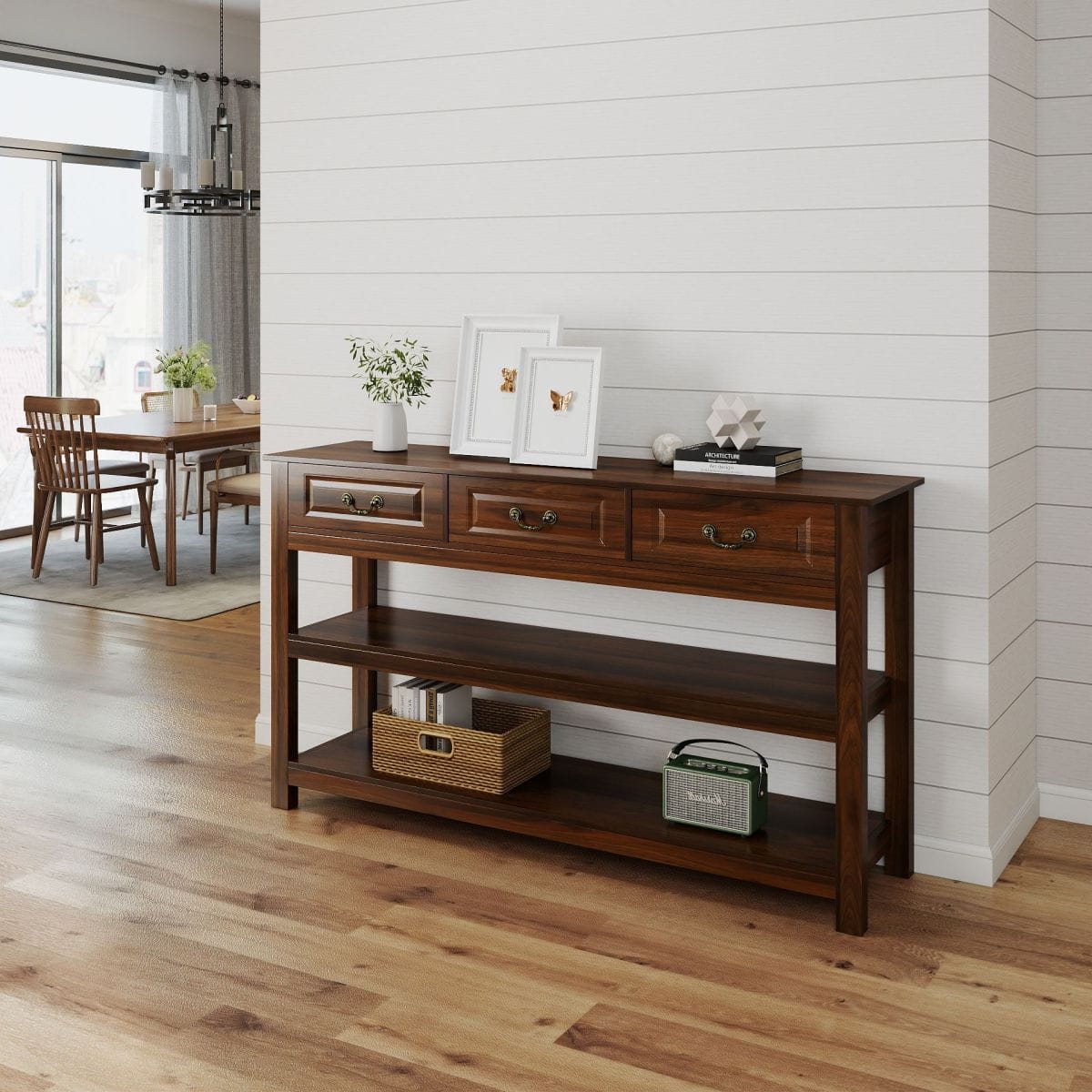 WOOD Streamdale 63" Rustic Wood Console Table with 3 Drawers and 2 Storage Shelves