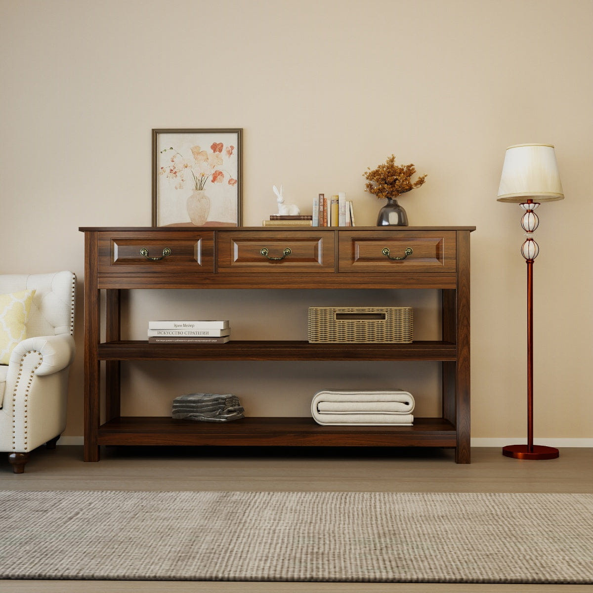WOOD Streamdale 63" Rustic Wood Console Table with 3 Drawers and 2 Storage Shelves