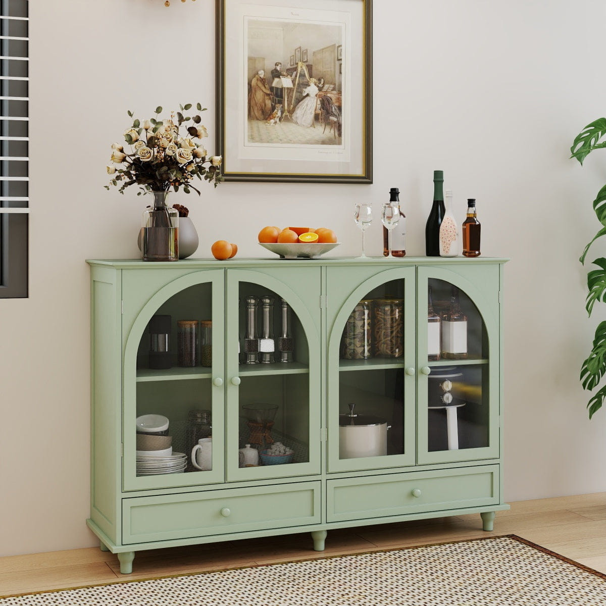 DOORS Streamdale Green Arched Glass Sideboard Buffet Cabinet with 4 Doors & 2 Drawers