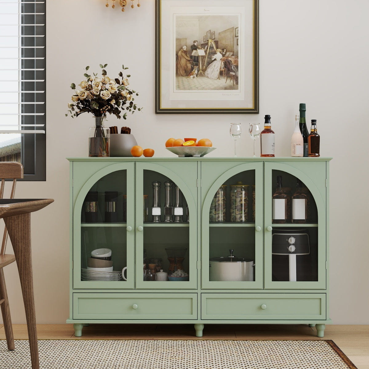 DOORS Streamdale Green Arched Glass Sideboard Buffet Cabinet with 4 Doors & 2 Drawers