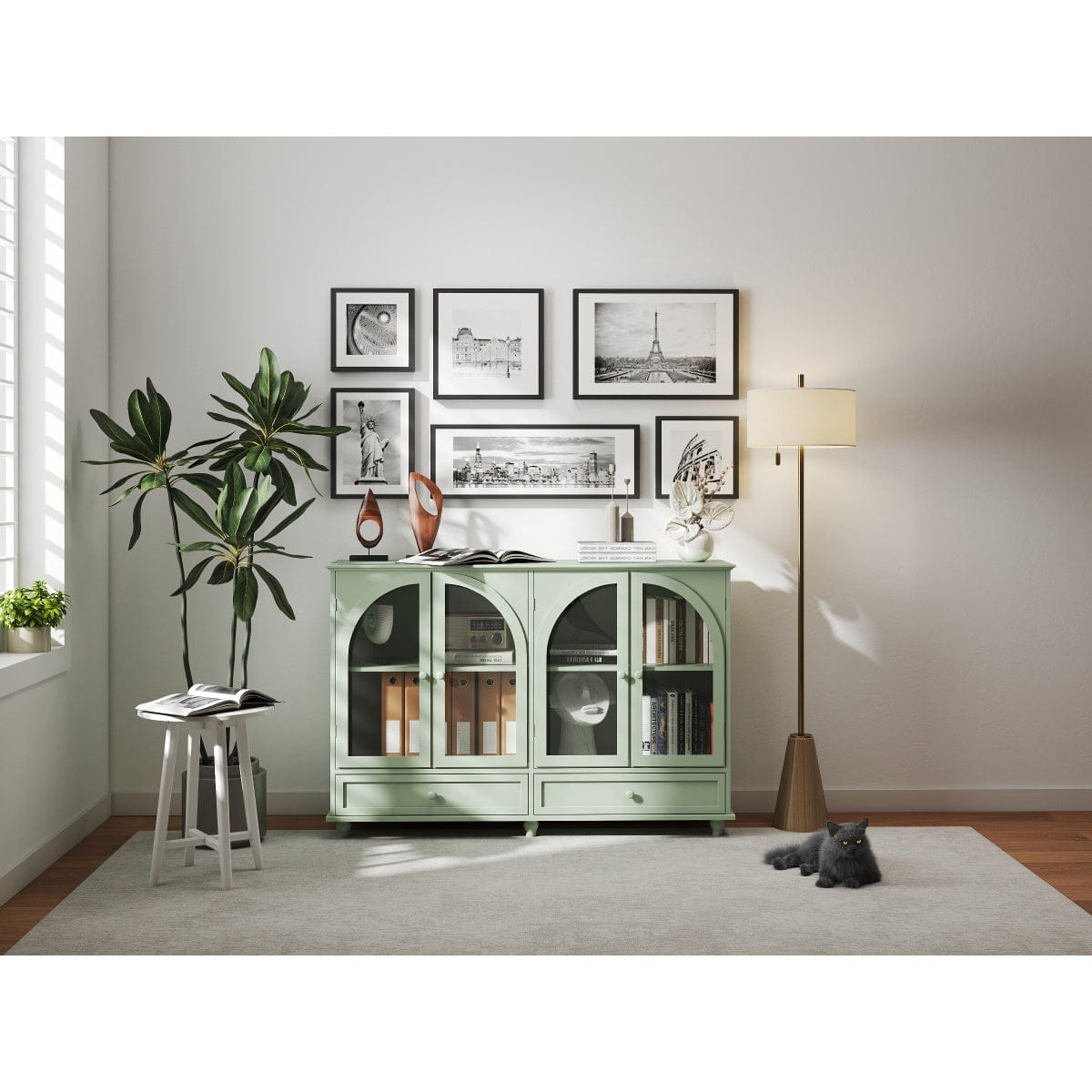 DOORS Streamdale Green Arched Glass Sideboard Buffet Cabinet with 4 Doors & 2 Drawers