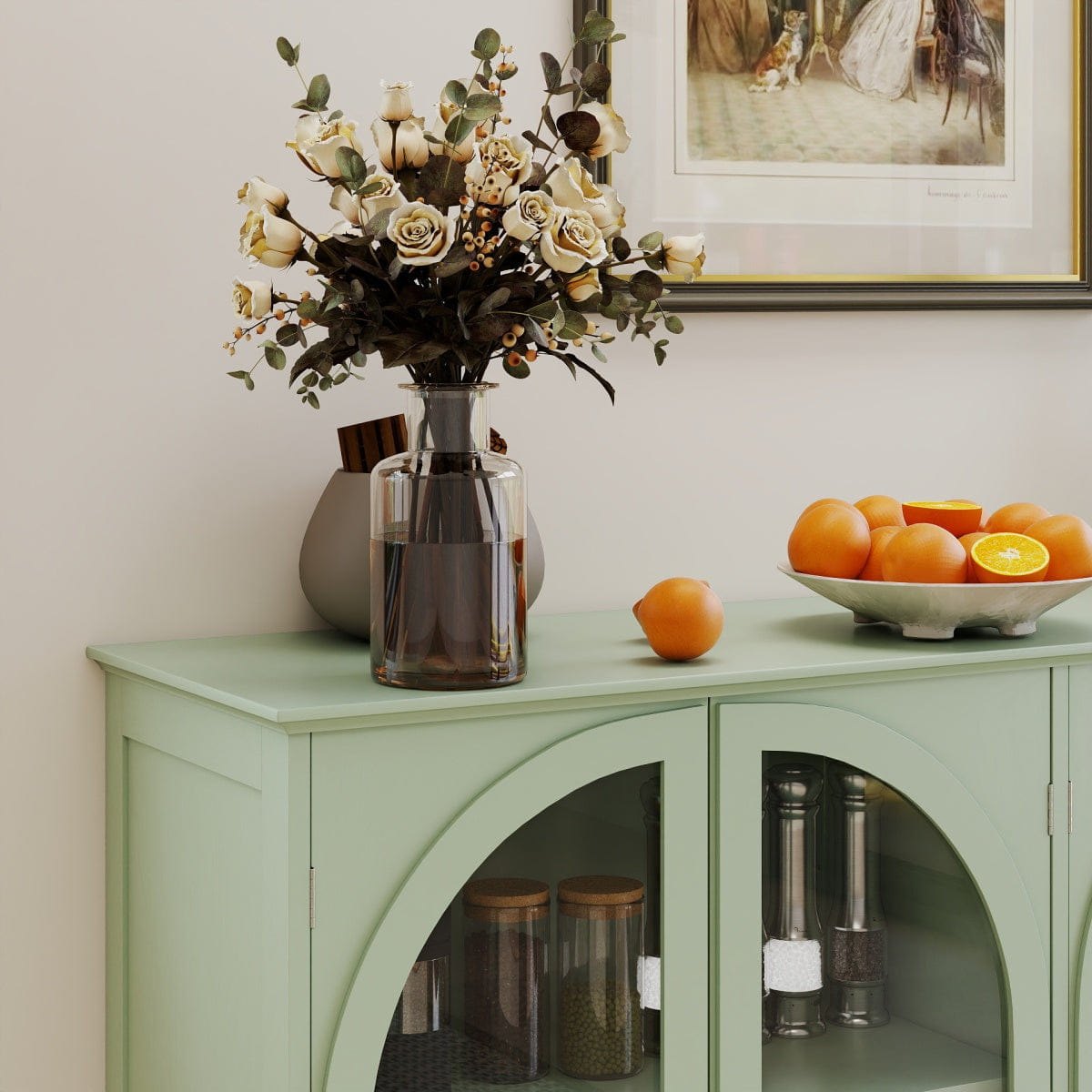 DOORS Streamdale Green Arched Glass Sideboard Buffet Cabinet with 4 Doors & 2 Drawers