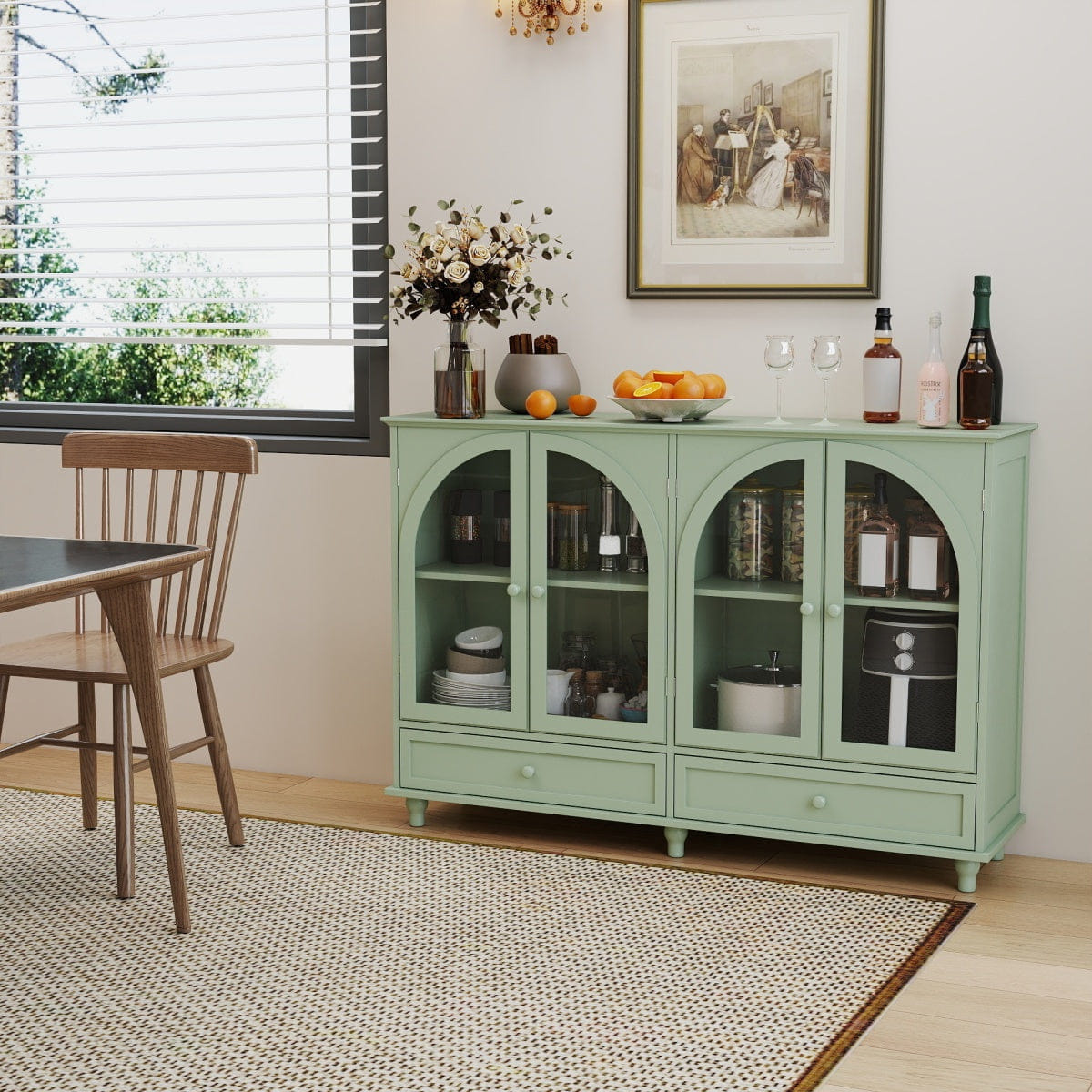 DOORS Streamdale Green Arched Glass Sideboard Buffet Cabinet with 4 Doors & 2 Drawers