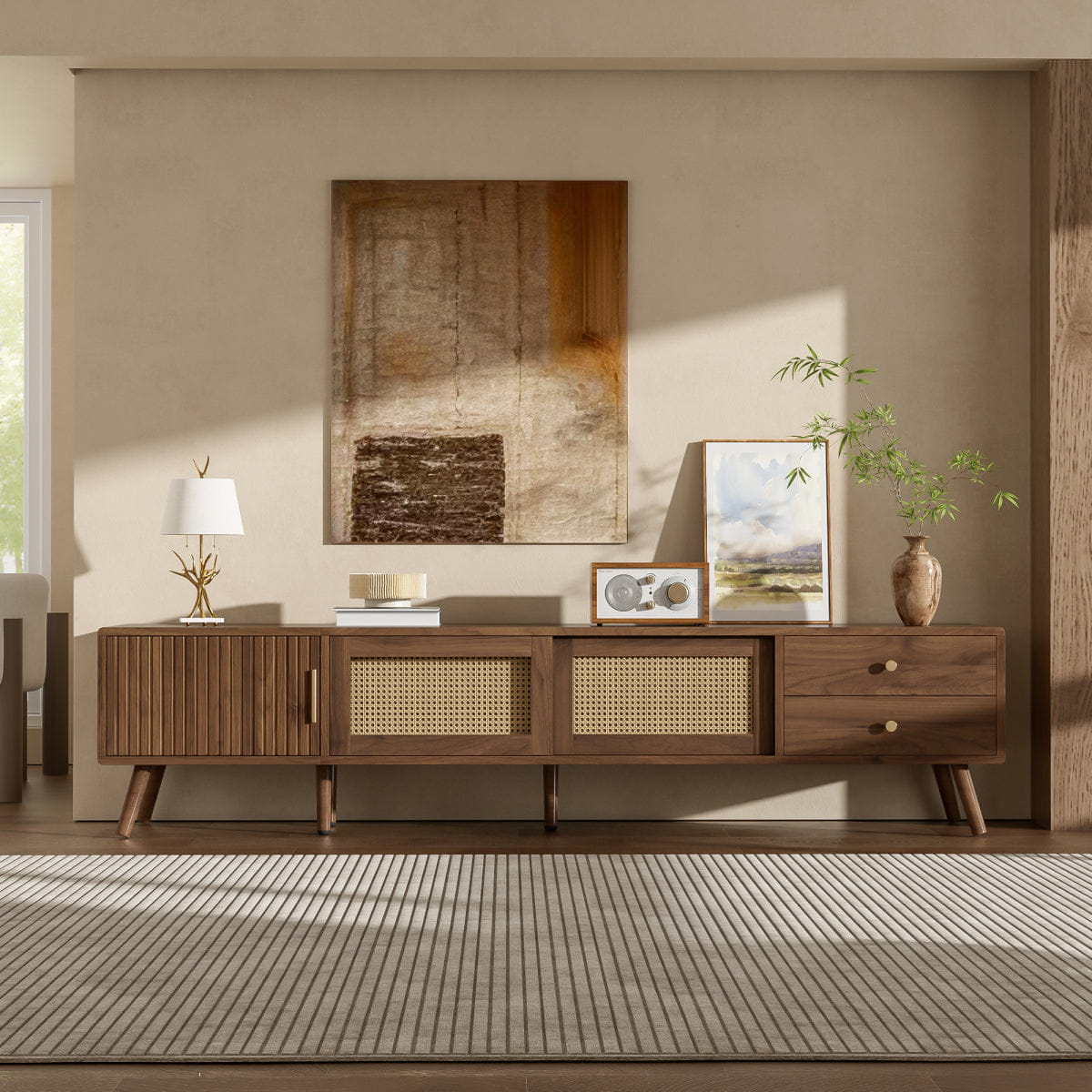 DOORS Streamdale 76" Rattan Doors TV Stand for TVs up to 85", Wood - Grain Entertainment Center