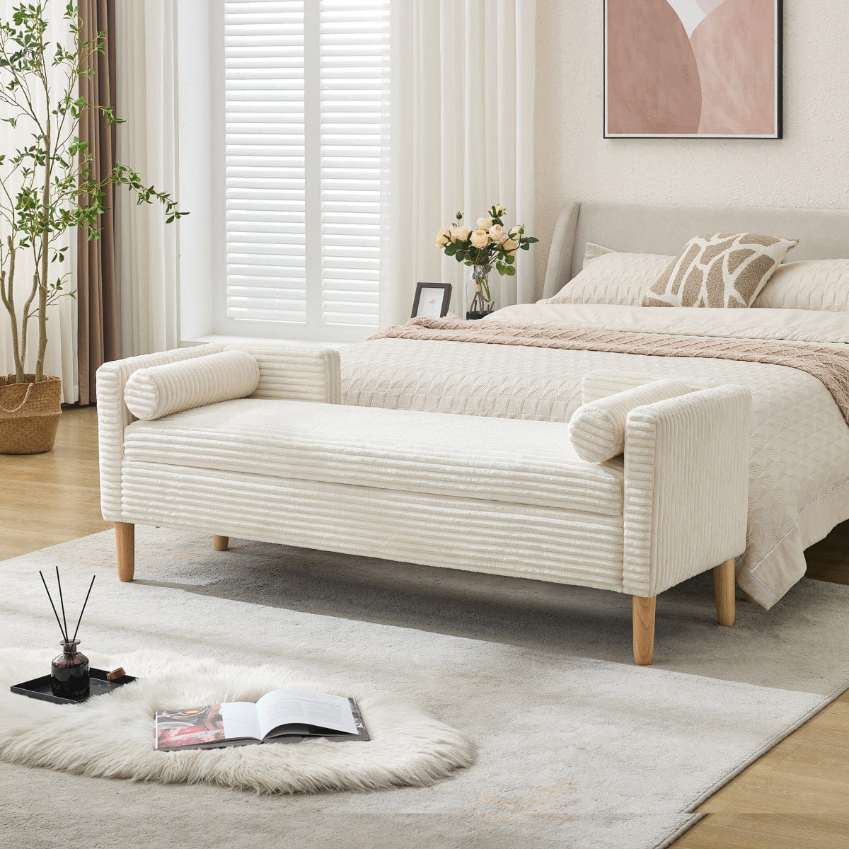 Corduroy Streamdale 64.7" Corduroy Flip - Top Storage Bed Bench with Armrests and Backrest, Ivory