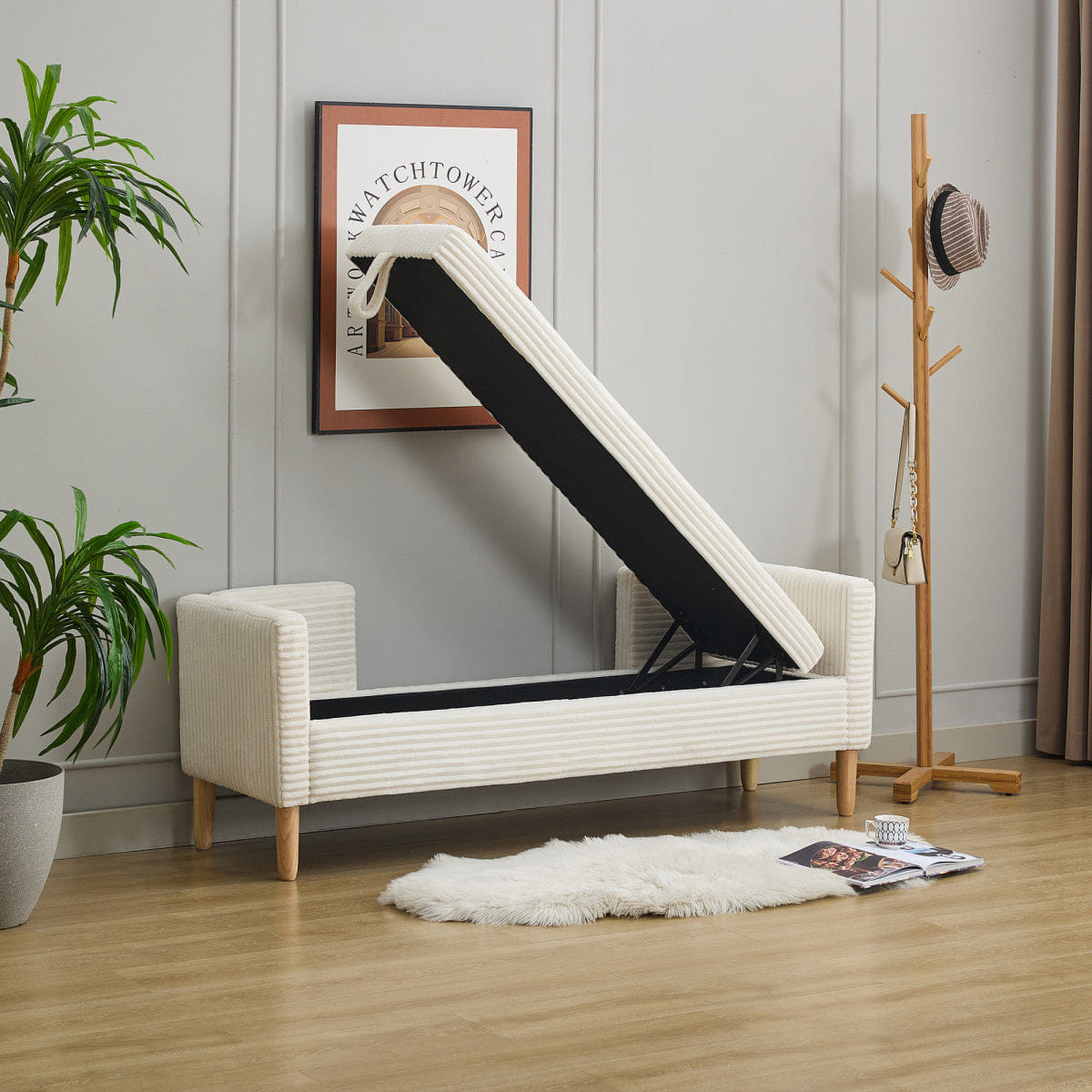 Corduroy Streamdale 64.7" Corduroy Flip - Top Storage Bed Bench with Armrests and Backrest, Ivory
