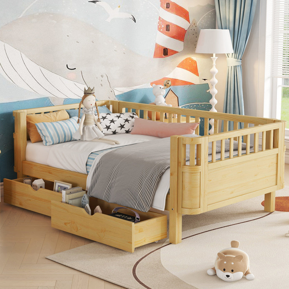 Rails Streamdale Twin Size Wood Platform Bed with Rails for Kids, Natural