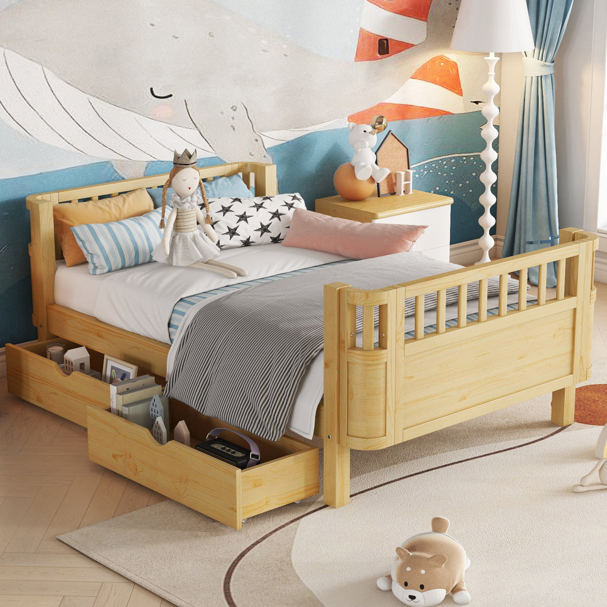 Rails Streamdale Twin Size Wood Platform Bed with Rails for Kids, Natural