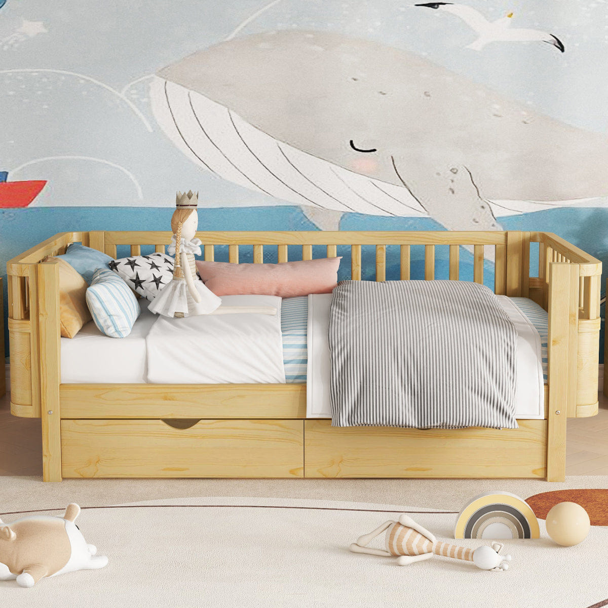 Rails Streamdale Twin Size Wood Platform Bed with Rails for Kids, Natural