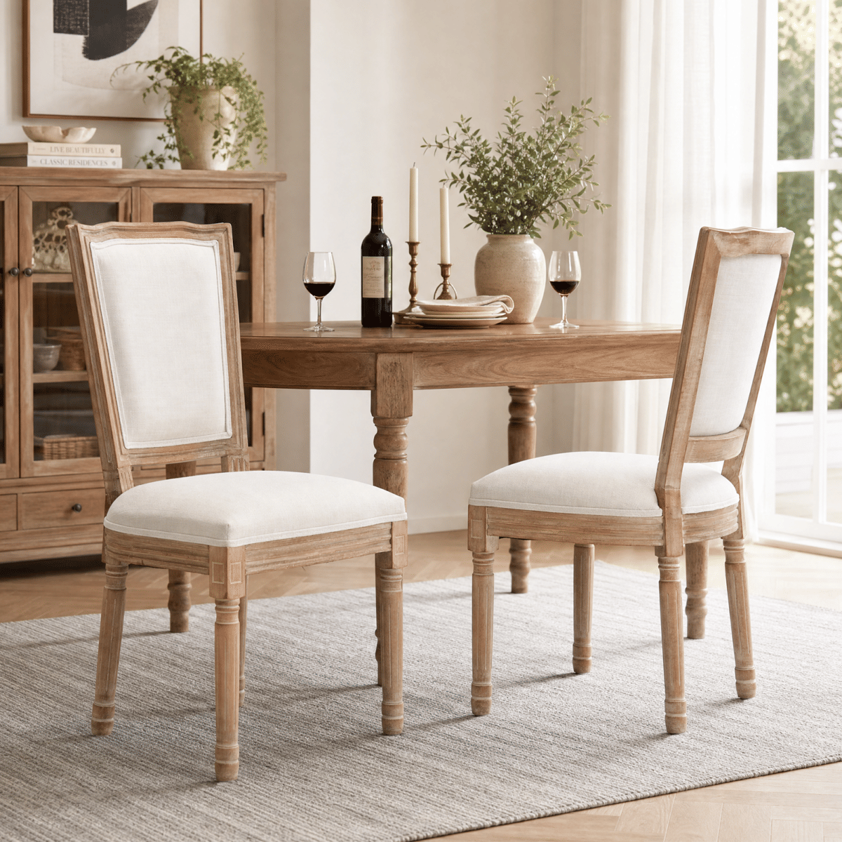 !SOLID Streamdale Farmhouse Solid Wood Dining Chairs, Linen Seat, Beige, Set of 2