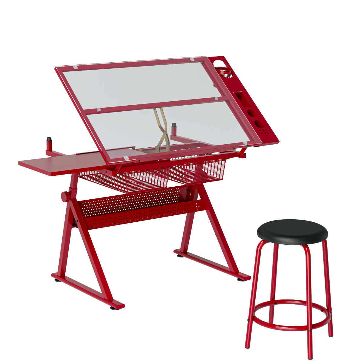 And Streamdale Glass Top Drafting Table with Adjustment Knob and Drawers