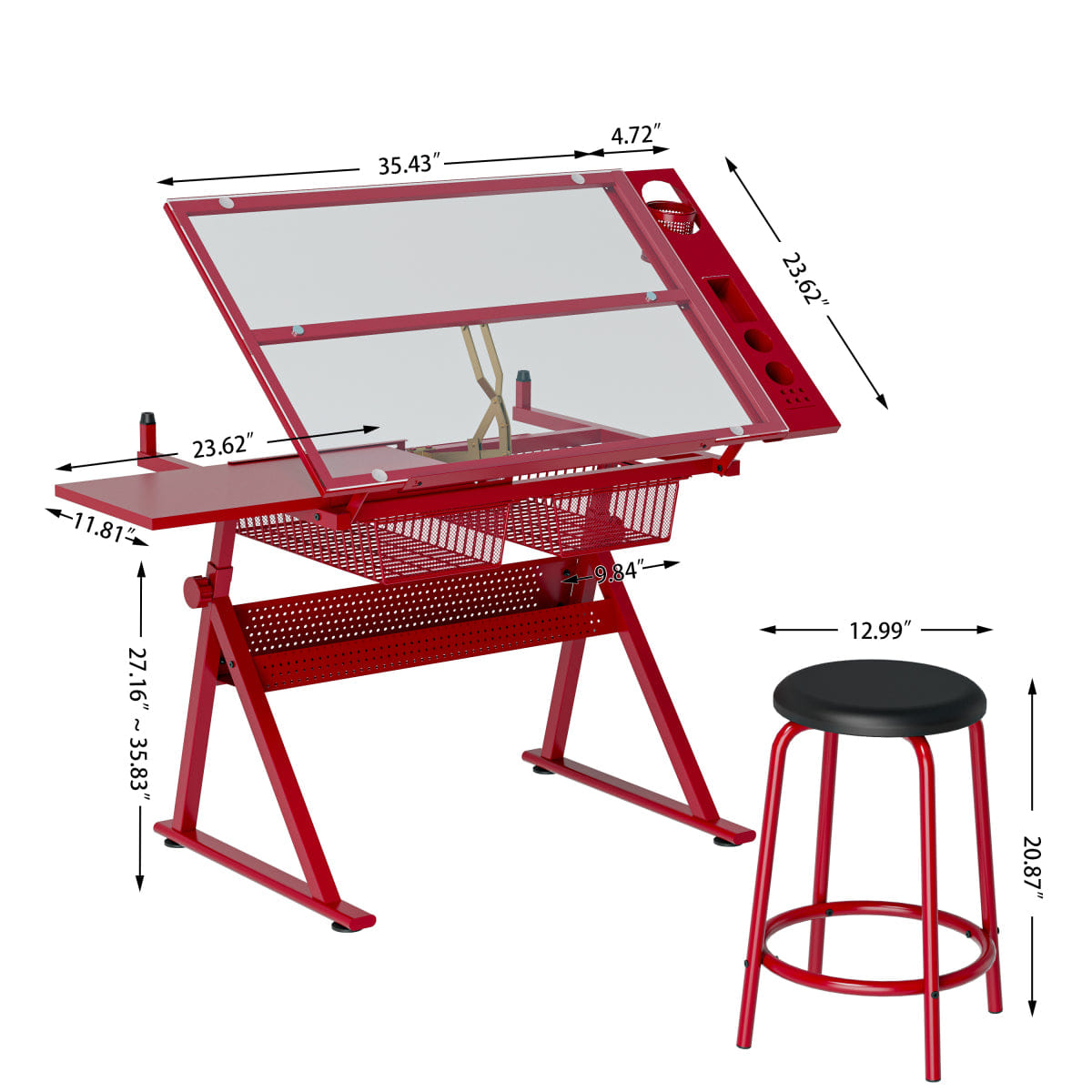 And Streamdale Glass Top Drafting Table with Adjustment Knob and Drawers