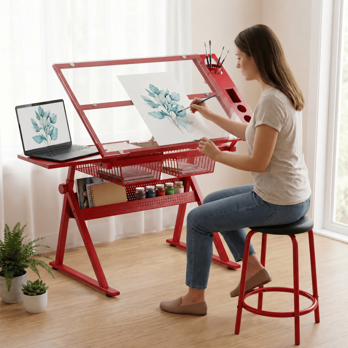 And Streamdale Glass Top Drafting Table with Adjustment Knob and Drawers
