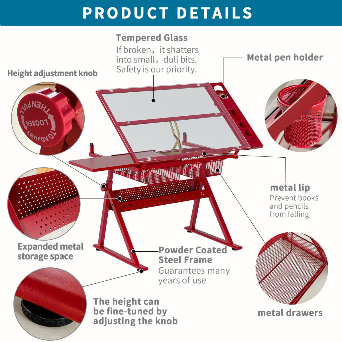 And Streamdale Glass Top Drafting Table with Adjustment Knob and Drawers