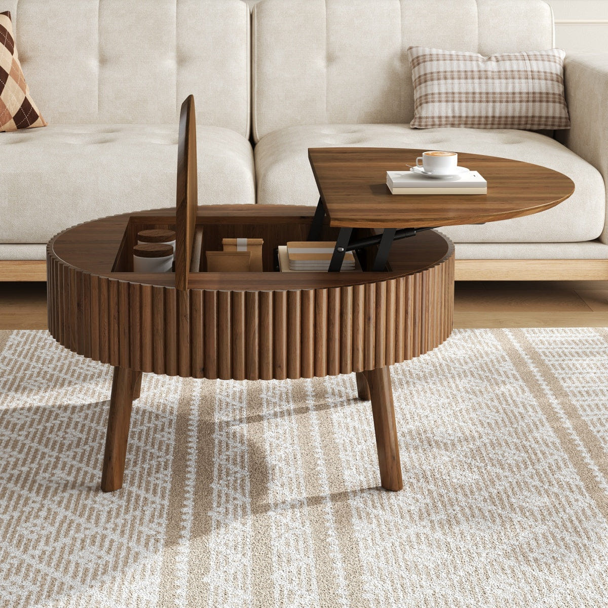 Hidden Streamdale Modern Round Lift - Top Fluted Coffee Table with Hidden Storage, Walnut