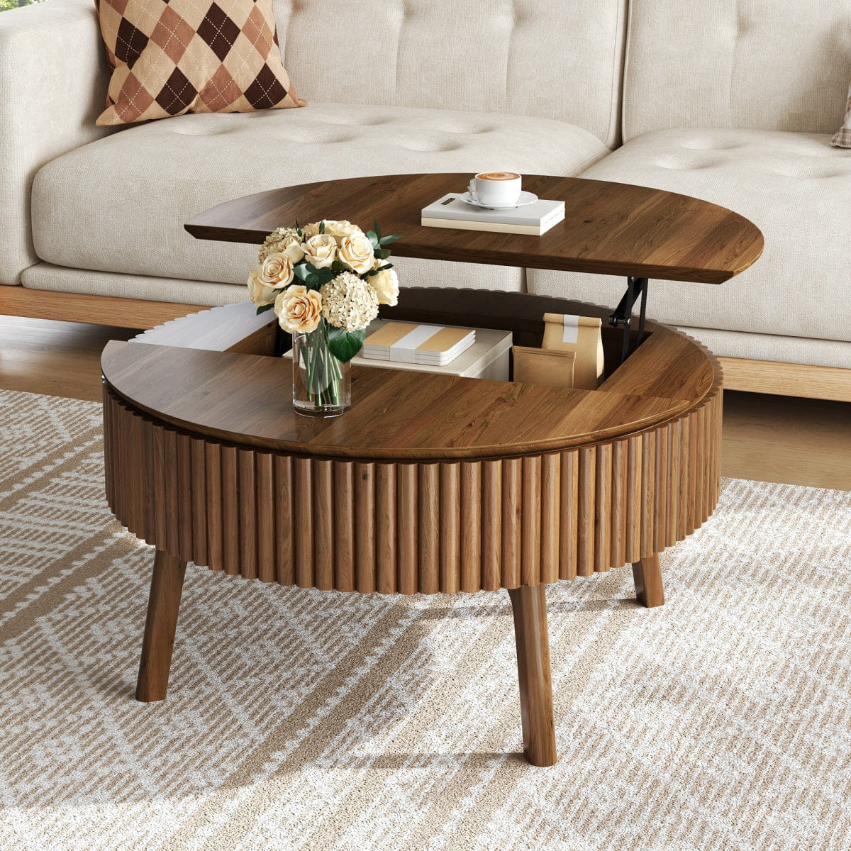 Hidden Streamdale Modern Round Lift - Top Fluted Coffee Table with Hidden Storage, Walnut